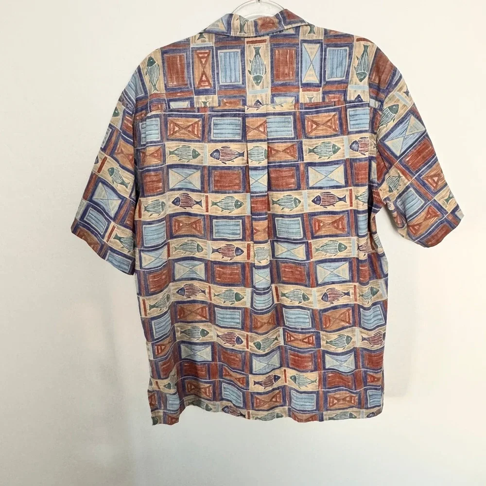 Cooke Street Honolulu Mens XL Cotton Geometric Fish‎ Print Shirt Blue